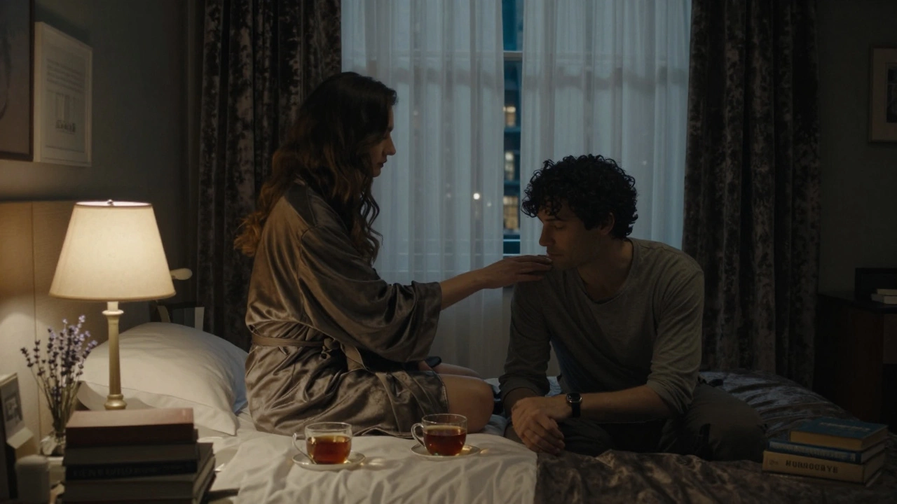 A tender moment in a hotel room with a woman offering comfort to a man, soft lighting, books, and no erotic elements — only human connection.