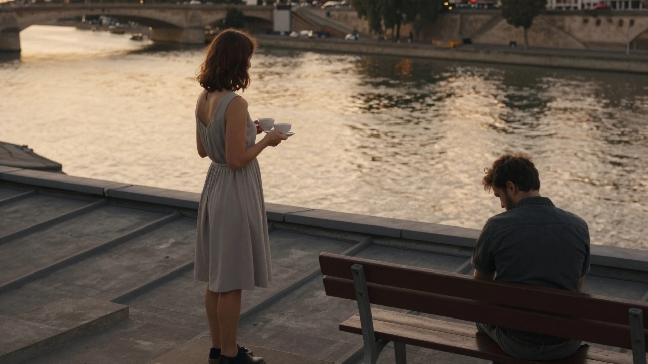A woman and man on a Paris rooftop at sunset, sharing quiet company over the Seine, no physical contact, only calm presence.