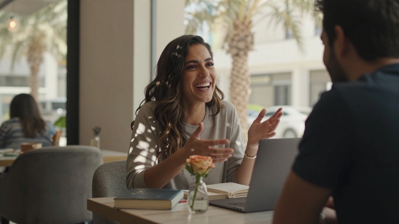 A woman laughing in a Dubai café, sunlight filtering through palm trees, genuine connection without artifice.