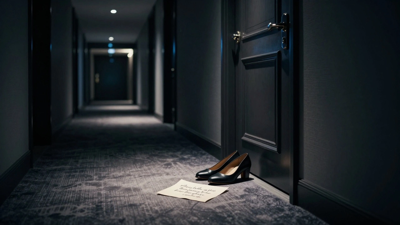 An empty hotel hallway at night, shoes and a note beside a closed door, symbolizing discretion and privacy.